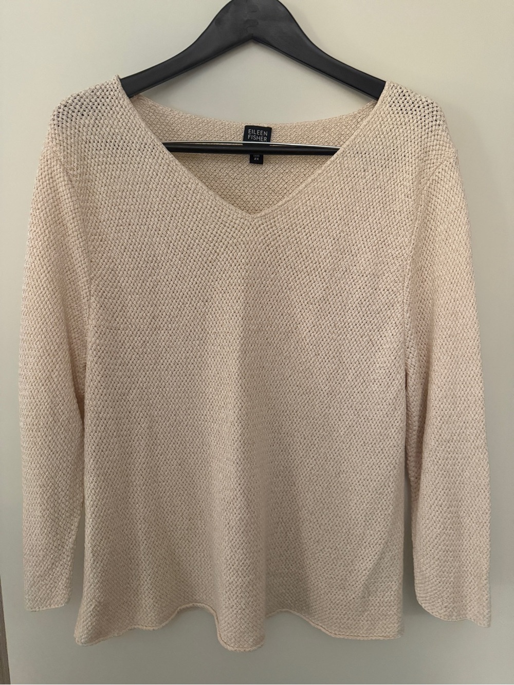 Eileen Fisher 2X Cream Textured Knit V-Neck Sweater Minimalist Oversized Silk